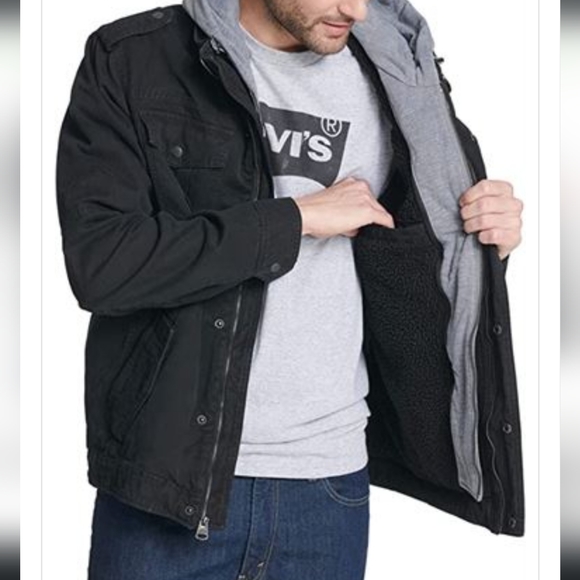 Levi's Men's Washed Cotton Hooded Military Jacket, Black, Large - Picture 3 of 5